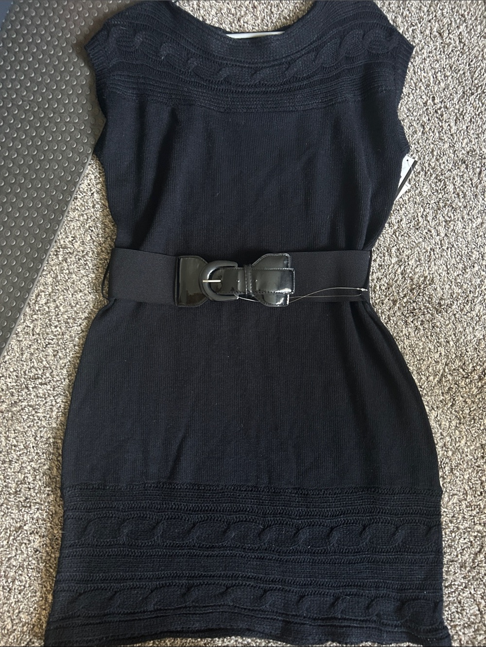 AB Studio Black Knit Belted Tunic Dress with Elastic Waist Belt